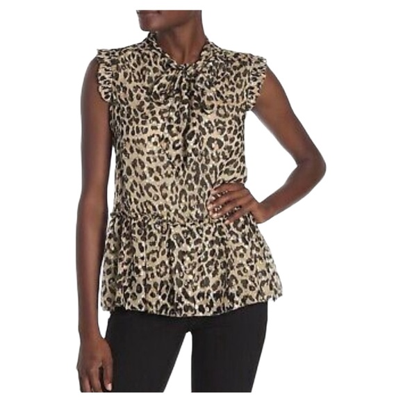 Kate Spade Silk Leopard Print Clipped Metallic Dot Blouse Tie Neck Size L - Picture 9 of 9